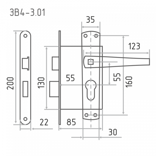 Замок врезной ЗВ4-3.01 бронза