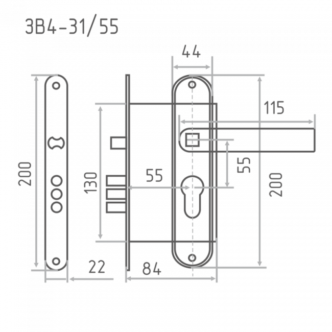 Замок врезной ЗВ4-31/55 медь